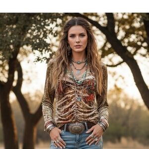 Vintage Clio Top M Crushed Velvet Ruched Long Sleeve Green Artsy Y2K Festival